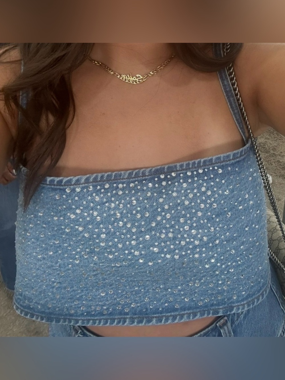 Zara Denim Blue Embellished Crop Top